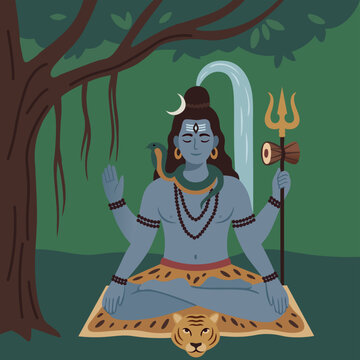 Majestic vector illustration of lord shiva meditating in deep tranquility under a sacred tree, with the divine ganga river flowing gracefully from his hair, artistic spiritual design