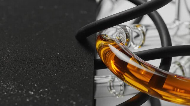 Amber liquid flowing through transparent glass tube in industrial filtration system. Industrial process of fluid circulation in mechanical engineering equipment