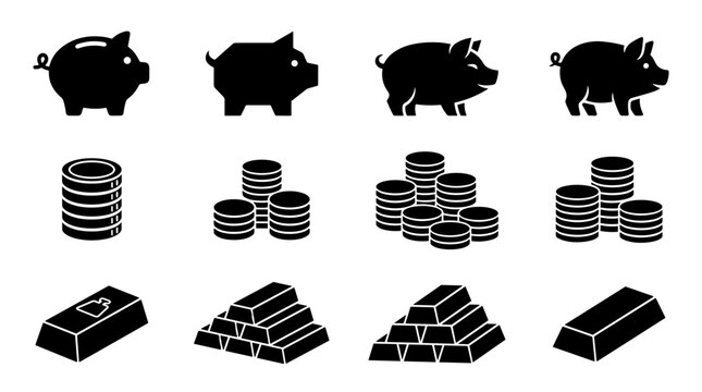 Set of black piggy bank, coins, cash, and money stack icons