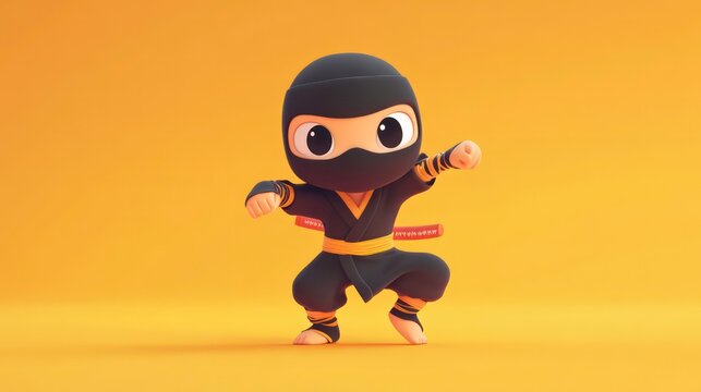 A cute cartoon ninja character in a dynamic pose, showcasing playful design and animation style.