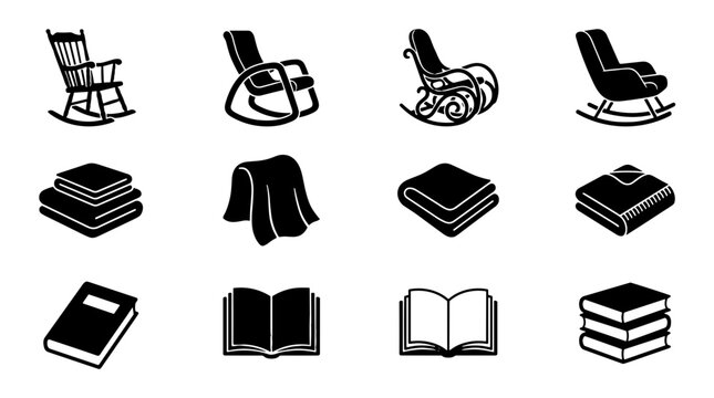 Collection of furniture and home decor icons in black silhouette style