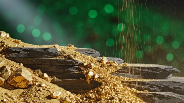 Gold dust pouring over dark stone slate. Raw precious metal particles falling onto textured rock surface. Mining industry and geological excavation process