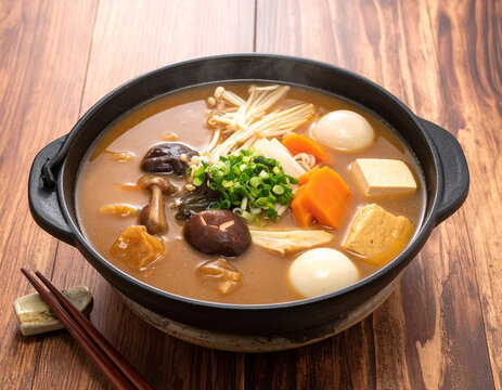 Steaming pot of vegetable nabe sits on a low wooden table with chopsticks resting on a small ceramic holder.