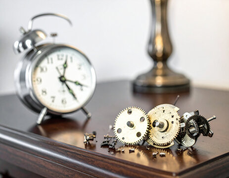 Metal alarm clock smashed into pieces on a nightstand with the springs and gears scattered across the dark wood surface.