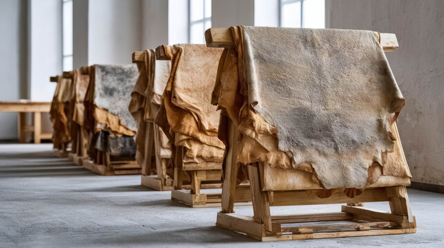 Natural Animal Hides Drying on Wooden Frames During Traditional Leather Processing