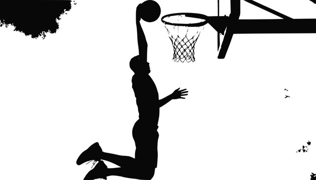 Silhouette of basketball player dunking on hoop, dynamic action shot