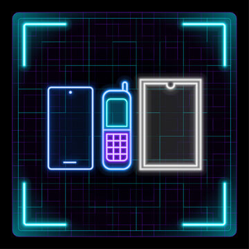 Smart phone, cell phone tablet icons. Glowing neon icon with border grid vector, editable strokes graphic style.