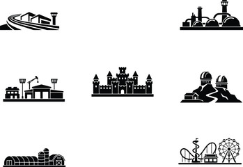 Obraz premium Architectural building and landmark icons set in solid black style and amusement park, ferris wheel, and roller coaster and train tracks and white