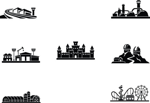 Architectural building and landmark icons set in solid black style and amusement park, ferris wheel, and roller coaster and train tracks and white