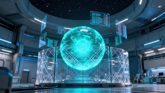 Futuristic control room with glowing orb