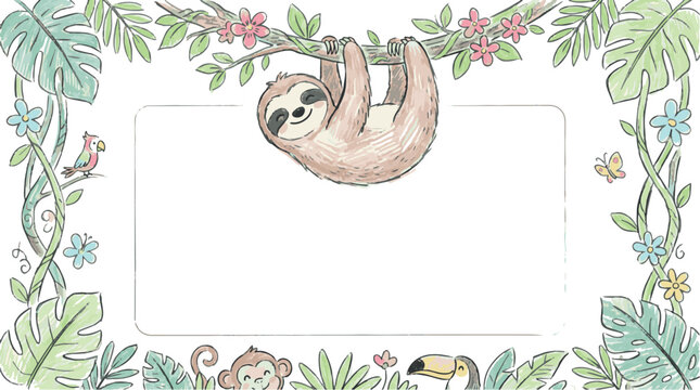 Cute sloth pastel crayon frame vector illustration