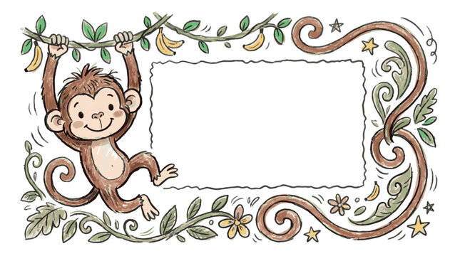 Cute monkey pastel crayon frame vector illustration