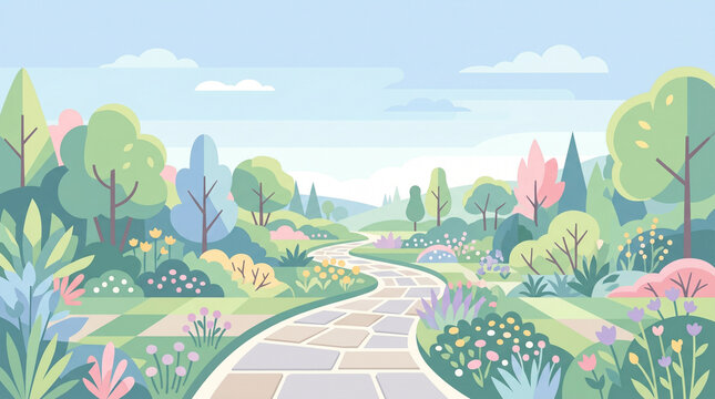 夏の花と緑に囲まれたガーデン小径の風景
