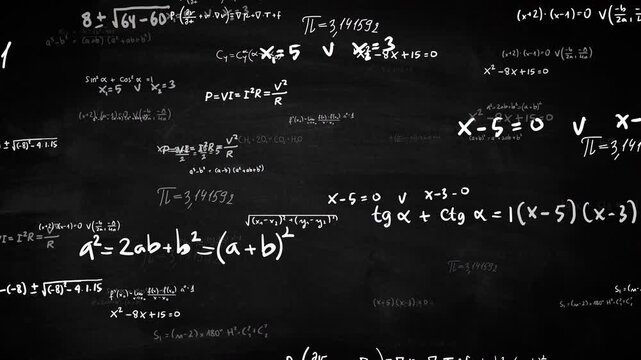 Moving mathematical physics formulas on blackboard animation. Math problems coming forward for Overlay. Concept of thinking, problem solving, planning, heavy situation, brainstorming.