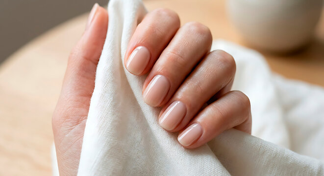 Soap Nails Luxury Style, Japanese manicure, perfectly polished soap nails in milky nude tones, healthy glossy nails, ultra-clean cuticles, hand holding white linen fabric