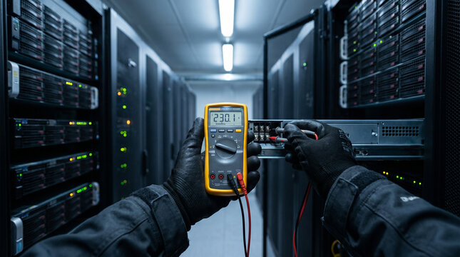 Technician Testing Server Rack Power Connections with Digital Multimeter in Data Center