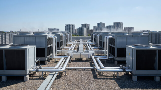 Industrial HVAC Cooling Systems and Chiller Units on Data Center Rooftop Against Urban Skyline