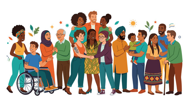 Diverse group of people of different ages ethnicities genders and abilities standing together in unity and harmony Vector