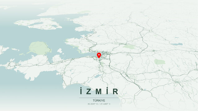 Modern minimalist vector map of Izmir, Turkey. High-quality scalable illustration of Izmir city grid, Kordon waterfront axis, Izmir Bay, and metropolitan highway networks for posters design.