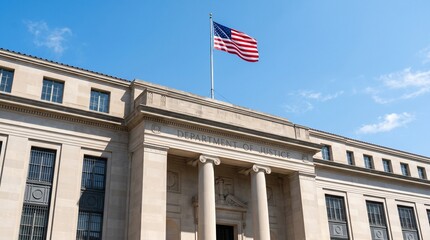 Naklejka premium Exterior of the Department of Justice building in Washington DC with an American flag flying. Government architecture and legal system center. Federal law institution landmark concept.