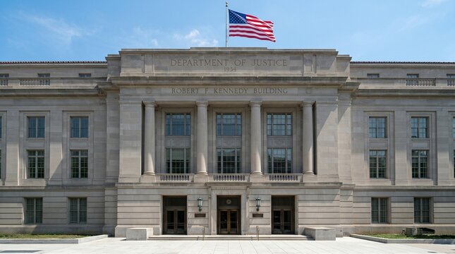 United States Department of Justice building with flying flag. Government institution exterior in Washington. Federal law and legal office headquarters for criminal and civil justice.