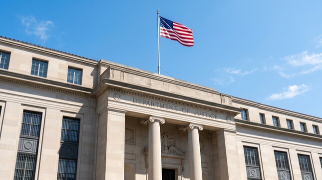 Exterior of the Department of Justice building in Washington DC with an American flag flying. Government architecture and legal system center. Federal law institution landmark concept.