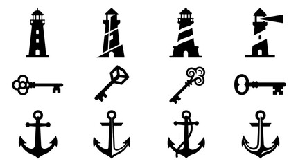 Obraz premium Collection of black silhouette lighthouse and anchor icons