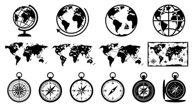 Collection of world maps and globes with navigation tools and icons