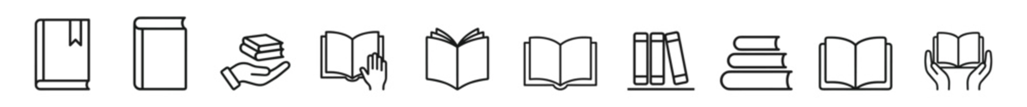 Set of black line book icons including closed books, open books, hands holding books, and stacked books on transparent background
