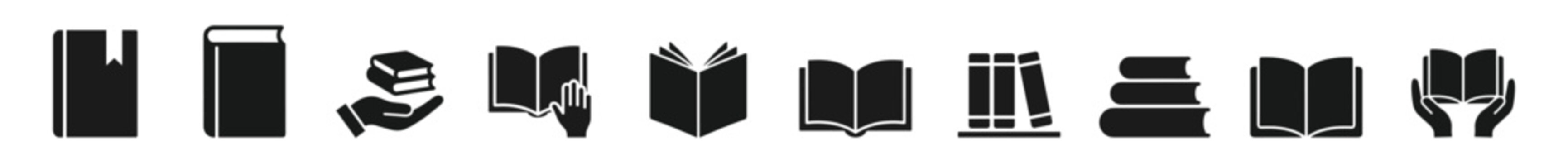 Set of black book icons including closed books, open books, hands holding books, stacked books, and books on shelves on transparent background