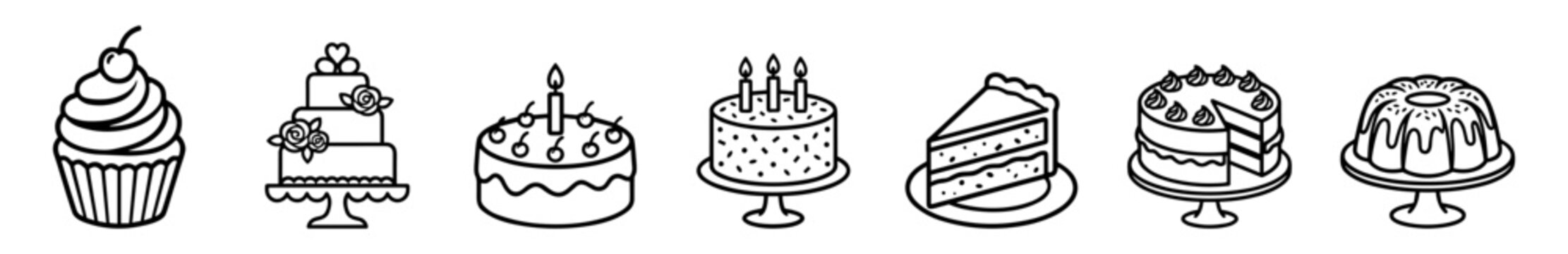 Black and white line art illustrations of various cakes and desserts including a cupcake, tiered wedding cake, birthday cakes, cake slice, and bundt cake on transparent background