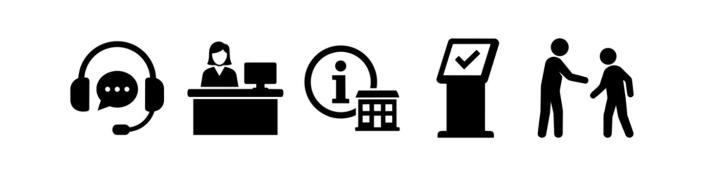 Set of black and white customer service icons featuring call center support, receptionist desk, information point, self-service kiosk, and interpersonal assistance symbols.