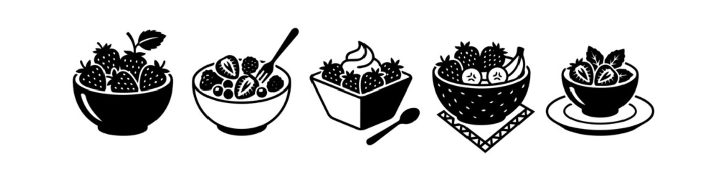 Set of black and white strawberry dessert bowl icons, including fruit salads, yogurt with berries, and healthy snacks. Minimalist vector illustration for menu and web design.