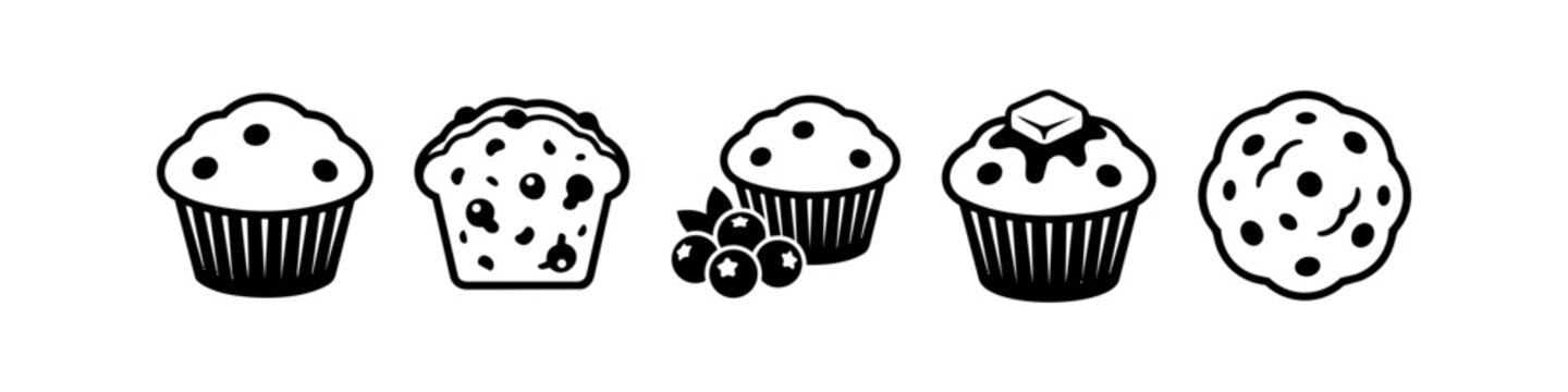 Set of black and white muffin and cookie icons featuring blueberry muffins, a cross-section, butter topping, and a chocolate chip cookie. Minimalist vector illustration for bakery menus.