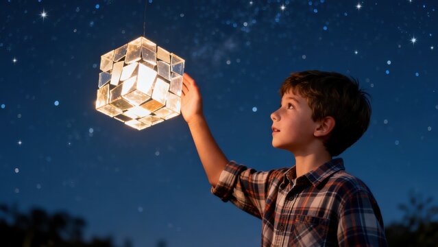 Boy holding glowing cube in night sky