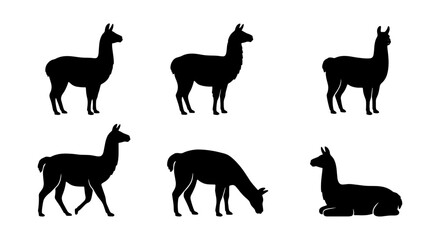 Llama Silhouette Collection, Six Vector Animal Icons, South American Camelid Poses, Farm Livestock Graphics © Mim