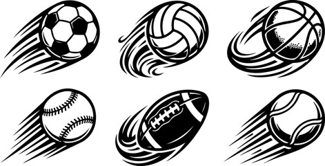 Obraz premium Stylized Sports Balls With Speed Trails Depicting Motion Energy And Vibrant Athletic Illustration For Competition