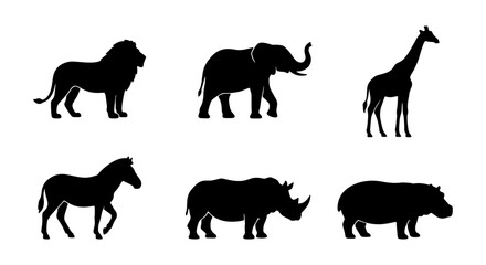Fototapeta premium African Safari Wildlife Silhouettes: Lion, Elephant, Giraffe, Zebra, Rhino, Hippo Icons. Vector Set for Nature and Zoo Graphics.