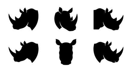 Rhino Head Silhouettes, African Wildlife Icons, Majestic Animal Vector Graphics, Bold Black and White Zoo Art © Mim