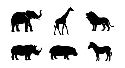 African Wildlife Silhouettes: Elephant, Giraffe, Lion, Rhino, Hippo, Zebra Vector Icons for Safari and Zoo Designs © Mim