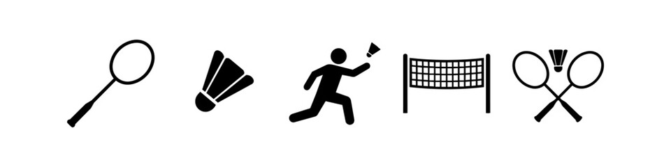 Set of black badminton icons featuring a racket, shuttlecock, player silhouette, net, and crossed rackets. Minimalist vector design on white background for sports equipment and activity. © Nort Kor