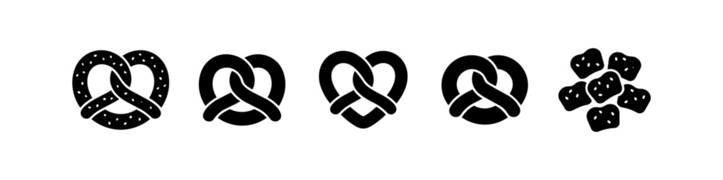 A set of five black vector pretzel icons featuring traditional, heart, and nugget styles. Perfect for bakery logos, menus, and snack-themed graphic designs on a white background.