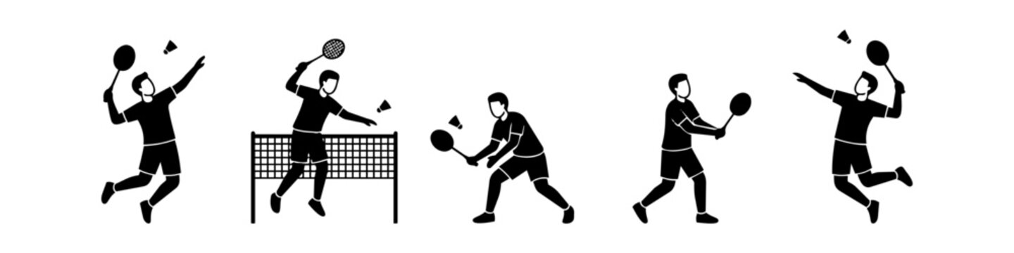 Set of black silhouettes of professional badminton players in various action poses, including smashing, serving, and returning, isolated on a white background.