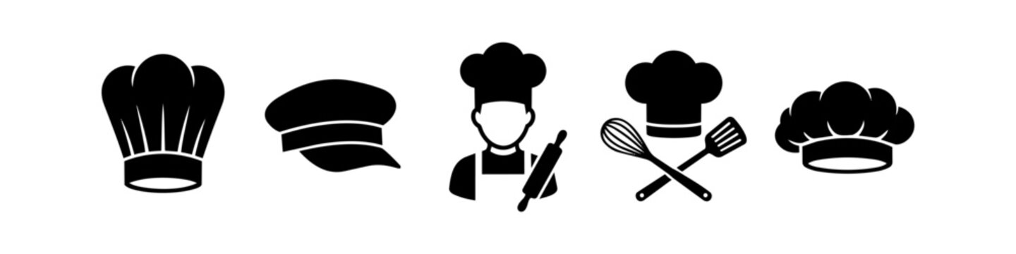 Professional set of chef and bakery icons featuring various hats, a baker character with a rolling pin, and kitchen utensils like whisk and spatula in a minimalist flat black vector style.