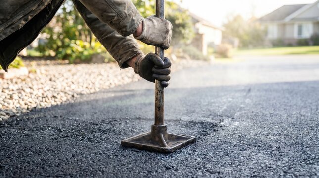 Worker holding a heavy metal hand tamper tool to compact fresh asphalt on a driveway patch