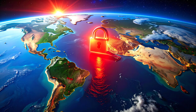 Digital security glowing padlock superimposed on a stylized earth with sunrise, representing global cyber protection, data privacy, and online safety