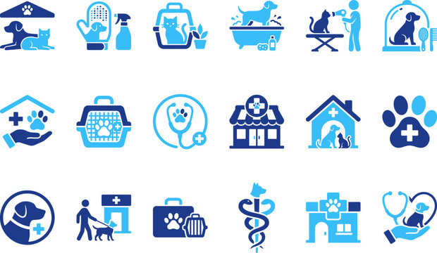 Set of blue veterinary clinic icons including animals buildings signs and medical symbols.