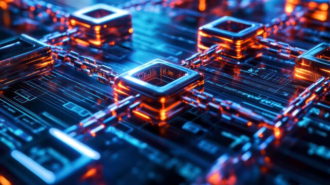 Abstract digital circuitry with glowing orange and blue nodes.