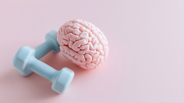 Anatomical brain model with blue dumbbell. Brain training and mental exercise concept for cognitive health improvement. Stroke rehabilitation and memory recovery therapy exercise.