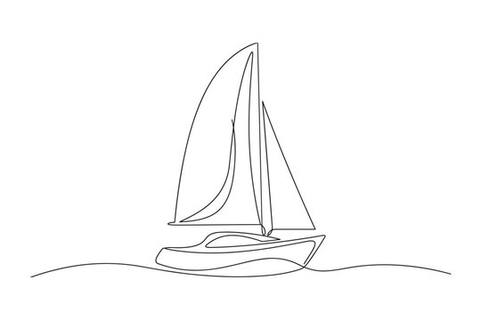 Continuous one line drawing of a sailboat on the ocean waves.